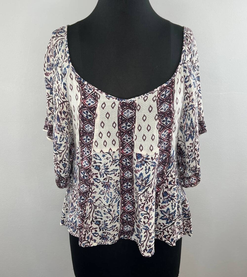Free People Cream Boho Blue Purple Floral Dolman Flutter Sleeve Peasant Blouse S